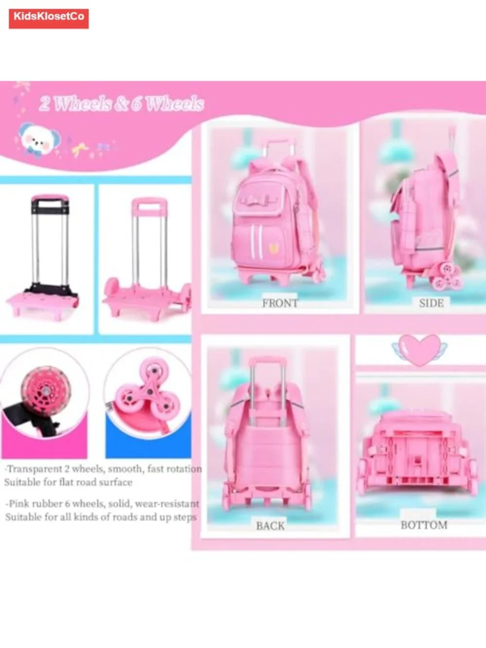 Rolling Backpack for Girls Kids Wheeled Bookbag with Lunch Bag Trolley School